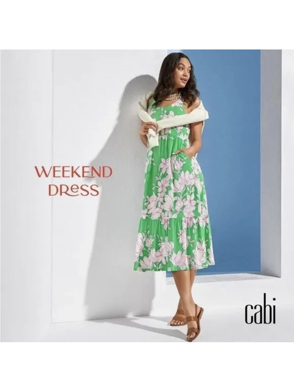 CABI Weekend Midi Tank Dress Green Pink Floral Stretch Knit Pockets #6217